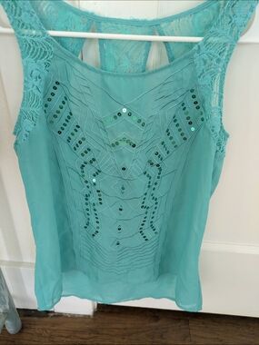 Daytrip Teal Lace-Back Sequined Sleeveless Camisole